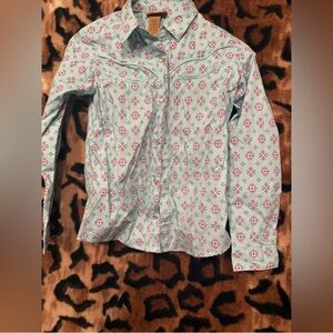 Wrangler Girls Light Blue Button-Down Shirt with Pink & White Floral Print